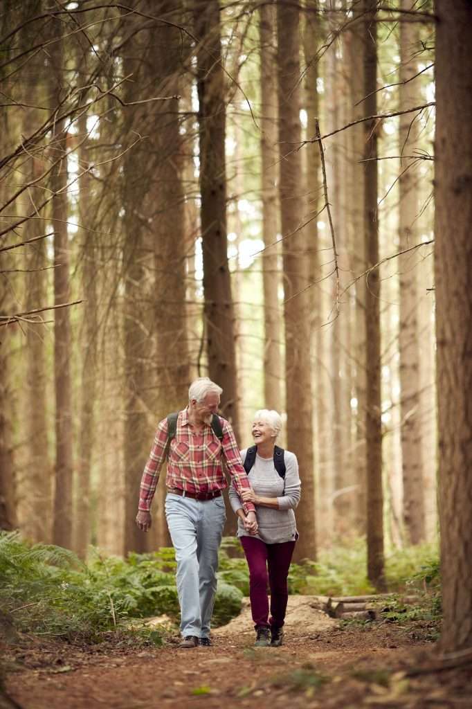 Loving Retired Senior Couple Hiking In Woodland Countryside Together